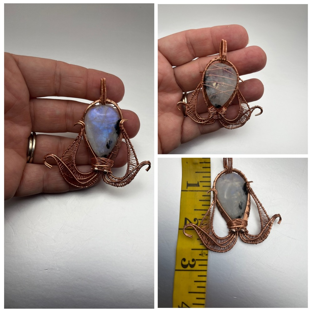 Handmade Octopus Pendant  Copper‎ Rainbow Moonstone Wire Wrapped Jewelry